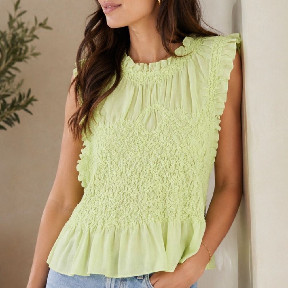 Anthropologie Lime Green Ruched Blouse Size L Stretch Lightweight Viscose Boho